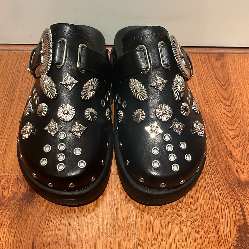 Faux leather studded out mules!